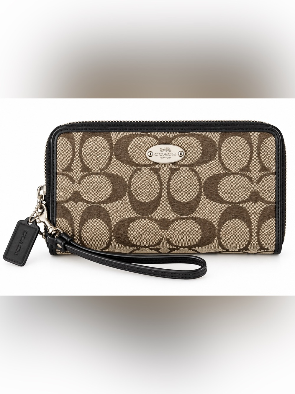 Coach Signature Canvas Wristlet in Khaki and Chestnut with Black Trim NWOT